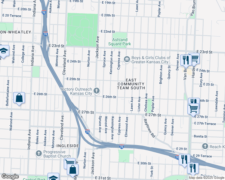 map of restaurants, bars, coffee shops, grocery stores, and more near 2515 Kensington Avenue in Kansas City