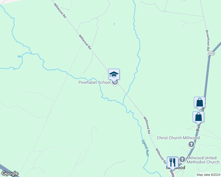 map of restaurants, bars, coffee shops, grocery stores, and more near 49 Powhatan Lane in Boyce