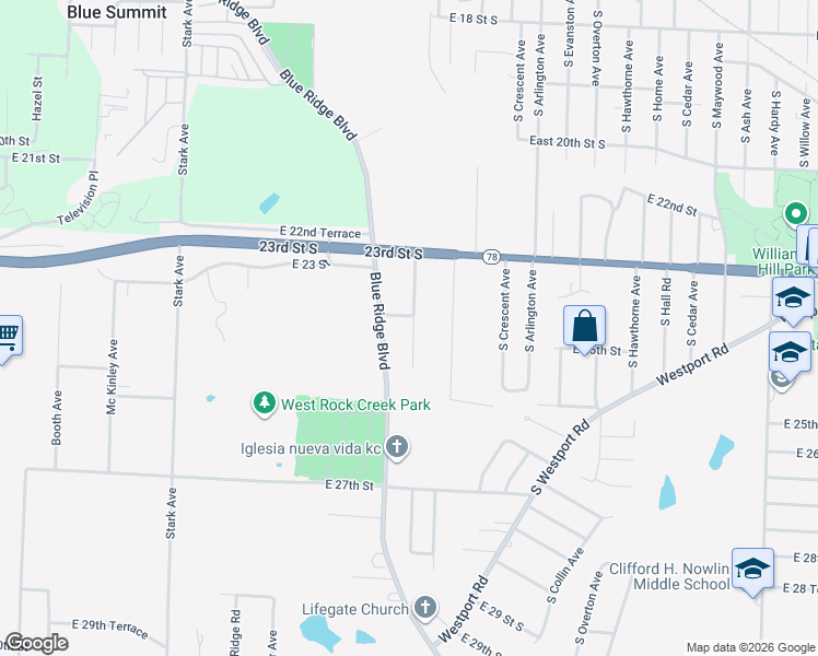 map of restaurants, bars, coffee shops, grocery stores, and more near 2324 Blue Ridge Terrace in Independence