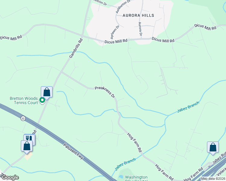 map of restaurants, bars, coffee shops, grocery stores, and more near 1668 Preakness Drive in Gambrills