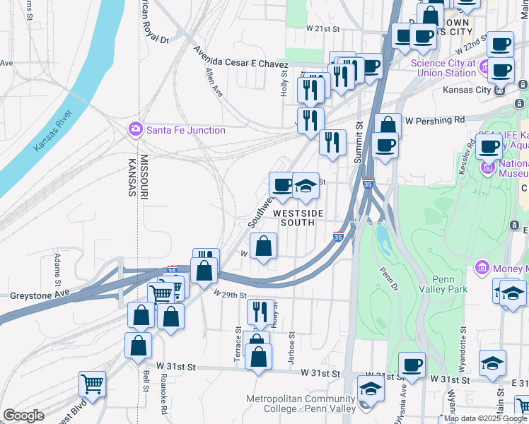 map of restaurants, bars, coffee shops, grocery stores, and more near 2663 Southwest Boulevard in Kansas City