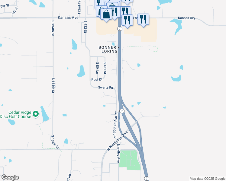 map of restaurants, bars, coffee shops, grocery stores, and more near 10201 Swartz Road in Bonner Springs
