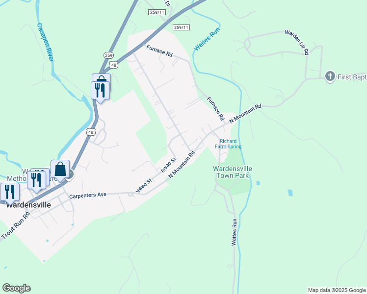 map of restaurants, bars, coffee shops, grocery stores, and more near 515 Sand Field Road in Wardensville