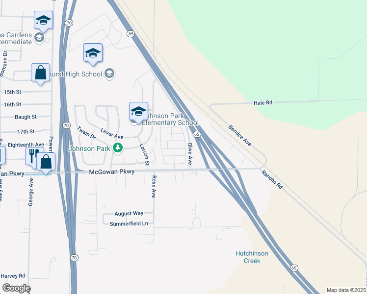 map of restaurants, bars, coffee shops, grocery stores, and more near 100 Vía Leona in Olivehurst