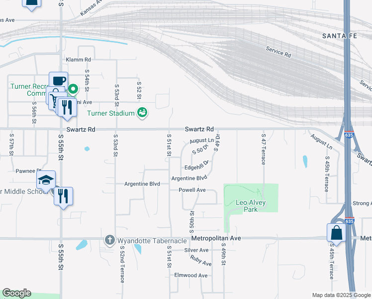 map of restaurants, bars, coffee shops, grocery stores, and more near 1037 South 50th Terrace in Kansas City