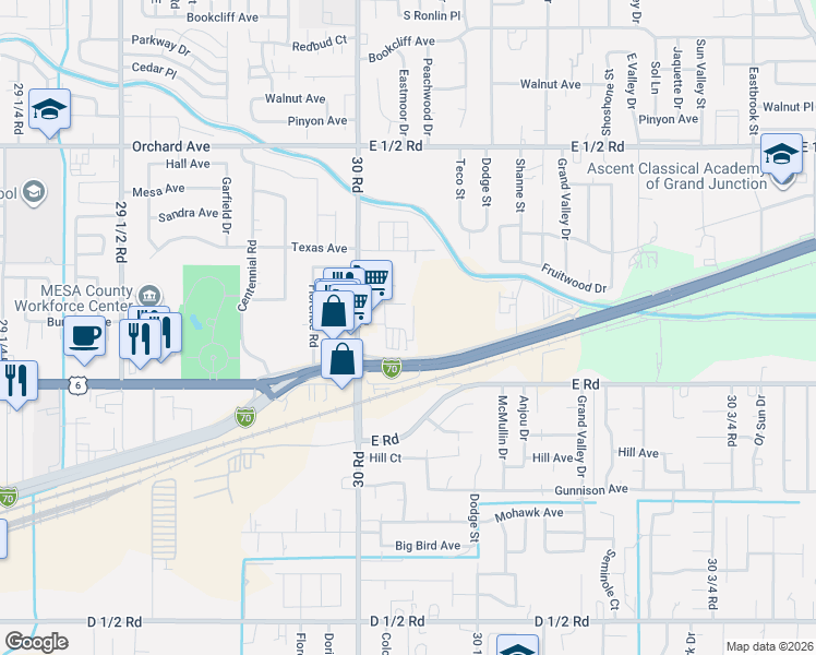 map of restaurants, bars, coffee shops, grocery stores, and more near 3010 Interstate 70 Business Loop in Grand Junction
