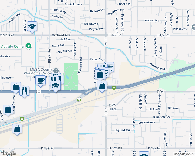 map of restaurants, bars, coffee shops, grocery stores, and more near 512 1/2 Florence Road in Grand Junction