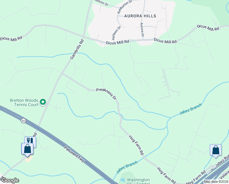 map of restaurants, bars, coffee shops, grocery stores, and more near 1668 Preakness Drive in Gambrills