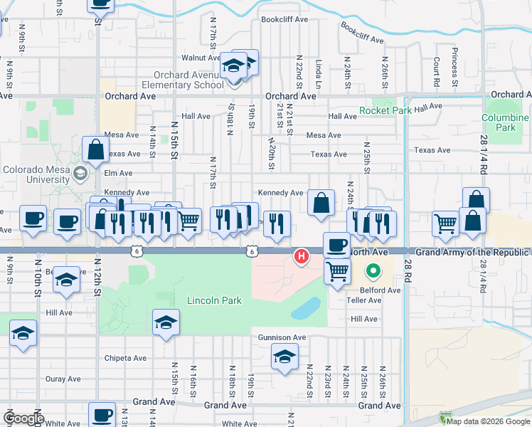map of restaurants, bars, coffee shops, grocery stores, and more near 1350 North 20th Street in Grand Junction