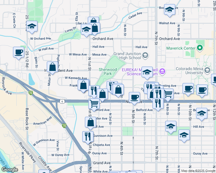 map of restaurants, bars, coffee shops, grocery stores, and more near 1354 East Sherwood Drive in Grand Junction