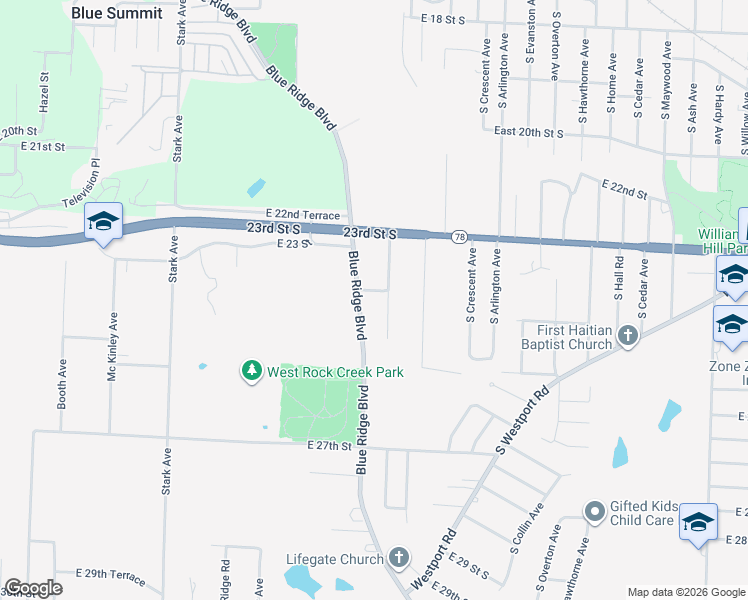 map of restaurants, bars, coffee shops, grocery stores, and more near 2324 Blue Ridge Terrace in Independence
