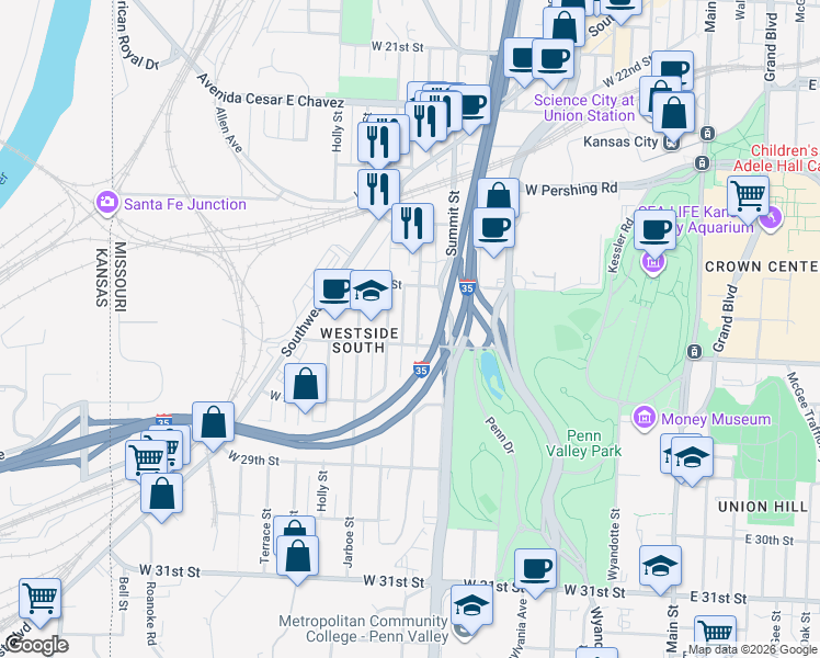map of restaurants, bars, coffee shops, grocery stores, and more near 2629 Belleview Avenue in Kansas City