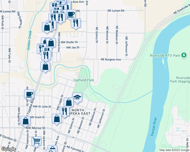 map of restaurants, bars, coffee shops, grocery stores, and more near 113 Northeast Burgess Street in Topeka
