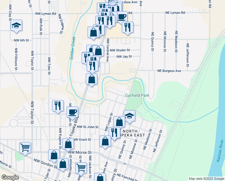 map of restaurants, bars, coffee shops, grocery stores, and more near 170 Northwest Holman Street in Topeka
