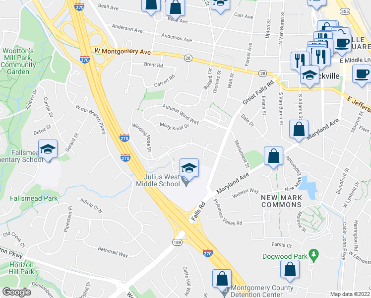 map of restaurants, bars, coffee shops, grocery stores, and more near 104 Winding Rose Drive in Rockville