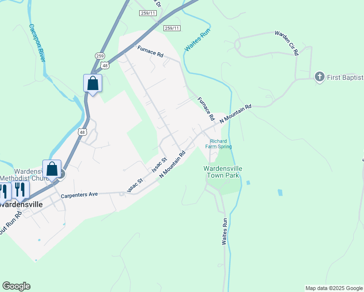 map of restaurants, bars, coffee shops, grocery stores, and more near 515 Sand Field Road in Wardensville