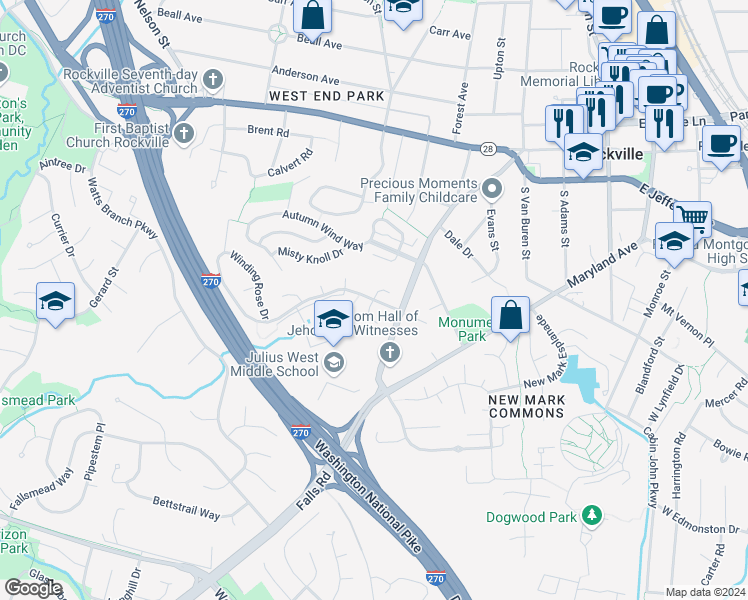 map of restaurants, bars, coffee shops, grocery stores, and more near 950 Winding Rose Drive in Rockville