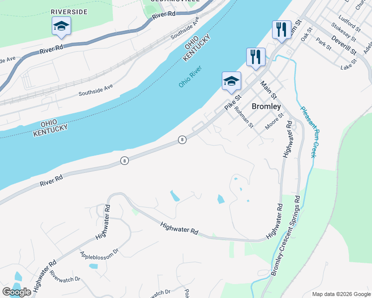 map of restaurants, bars, coffee shops, grocery stores, and more near 431 River Road in Bromley