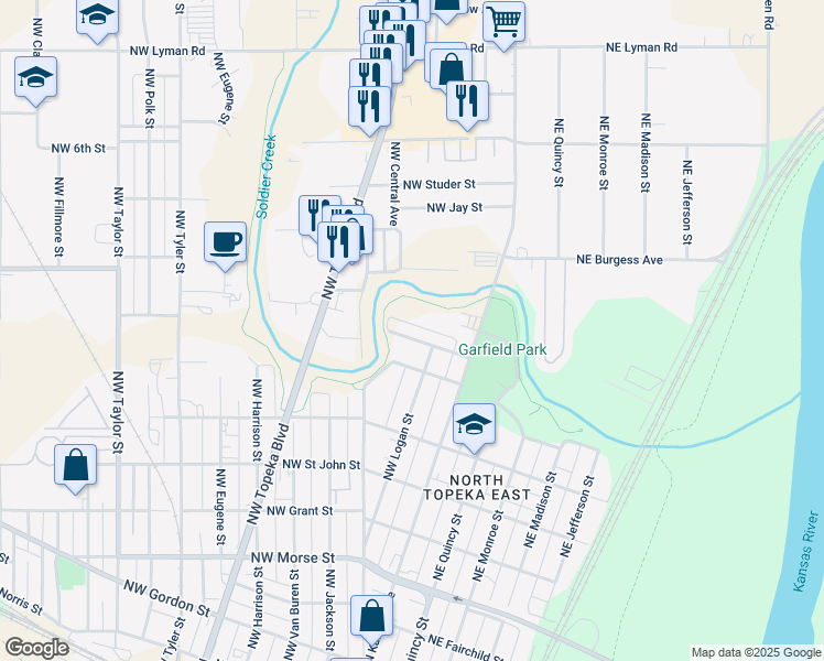 map of restaurants, bars, coffee shops, grocery stores, and more near 170 Northwest Holman Street in Topeka