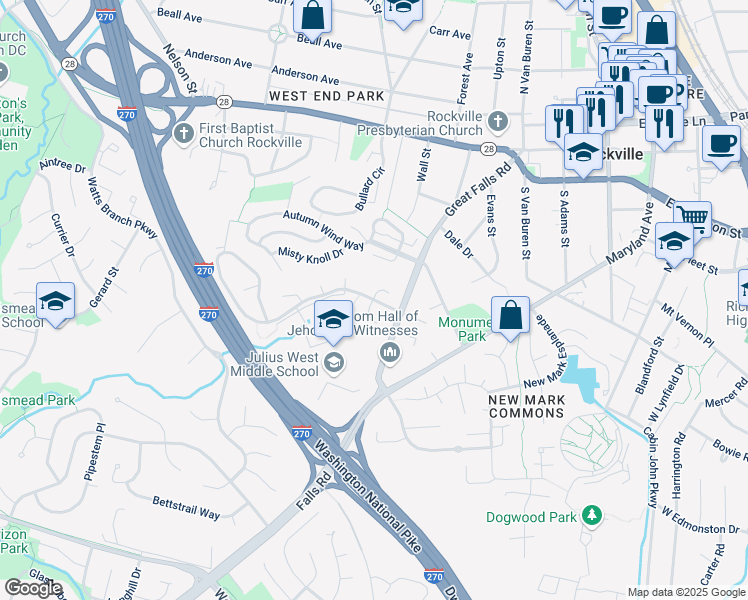 map of restaurants, bars, coffee shops, grocery stores, and more near 950 Winding Rose Drive in Rockville