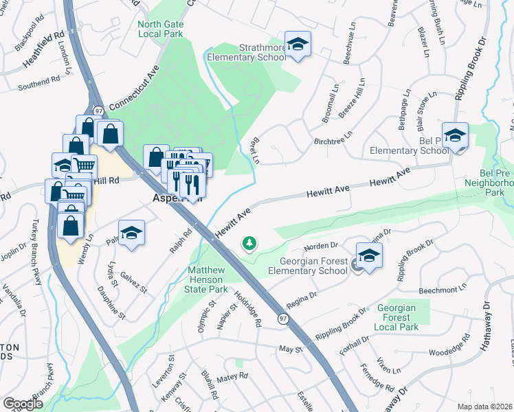 map of restaurants, bars, coffee shops, grocery stores, and more near 3232 Hewitt Avenue in Aspen Hill