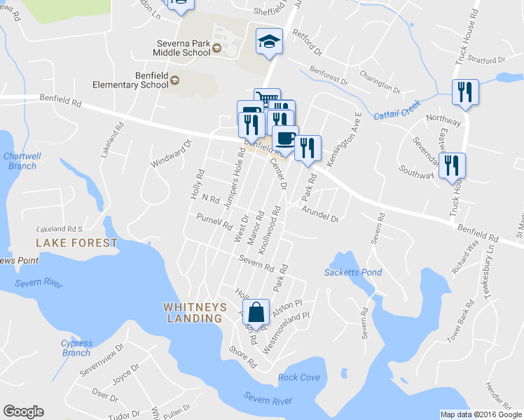 map of restaurants, bars, coffee shops, grocery stores, and more near 540 Manor Rd in Severna Park