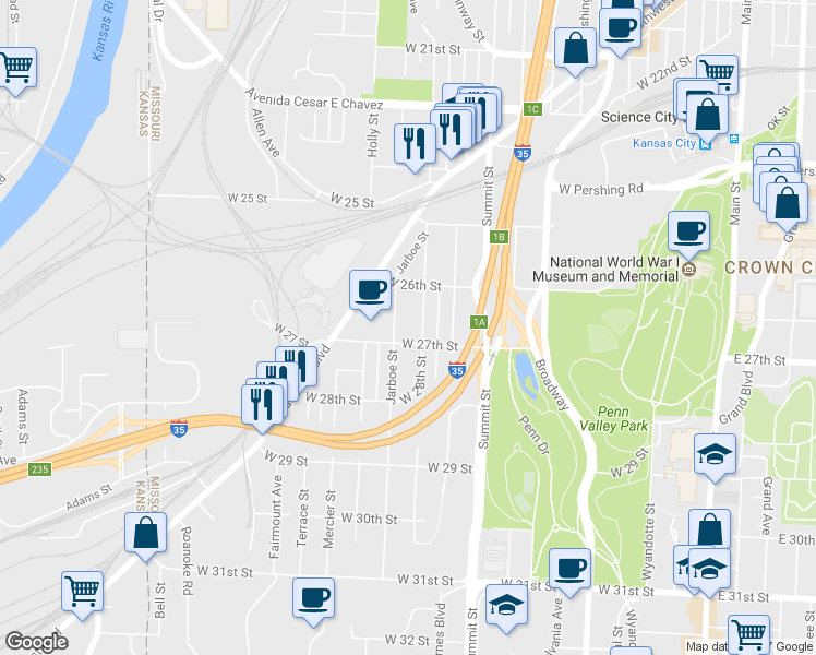 map of restaurants, bars, coffee shops, grocery stores, and more near 2640 Belleview Avenue in Kansas City