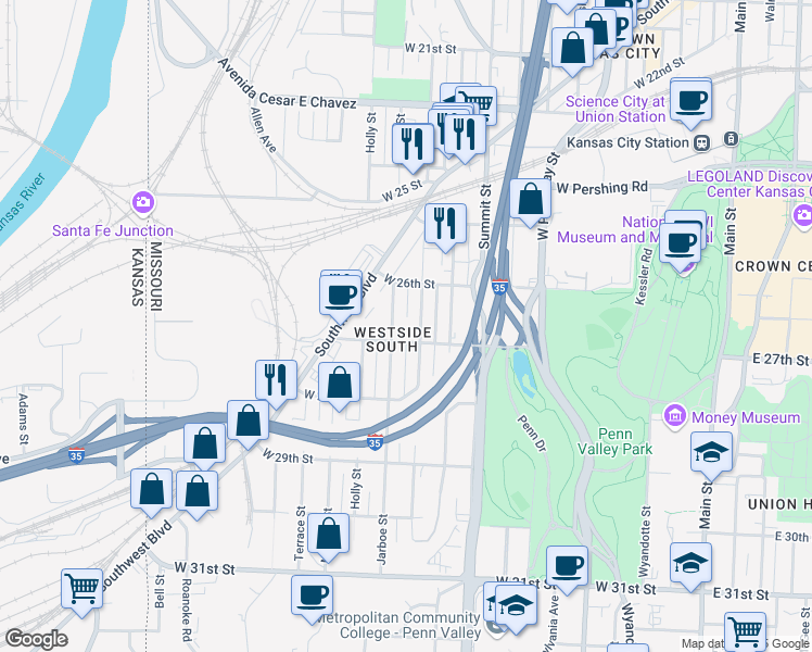 map of restaurants, bars, coffee shops, grocery stores, and more near 2640 Belleview Avenue in Kansas City
