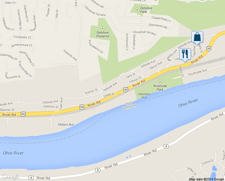 map of restaurants, bars, coffee shops, grocery stores, and more near 3716 River Road in Cincinnati