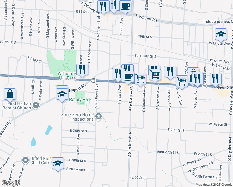 map of restaurants, bars, coffee shops, grocery stores, and more near 2315 Harvard Street in Independence