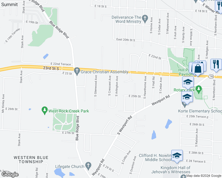map of restaurants, bars, coffee shops, grocery stores, and more near 2409 South Crescent Avenue in Independence
