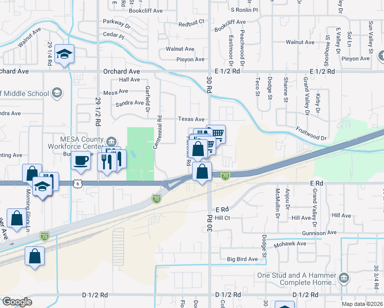 map of restaurants, bars, coffee shops, grocery stores, and more near 514 1/2 Florence Road in Grand Junction