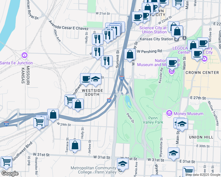 map of restaurants, bars, coffee shops, grocery stores, and more near 2633 Madison Avenue in Kansas City