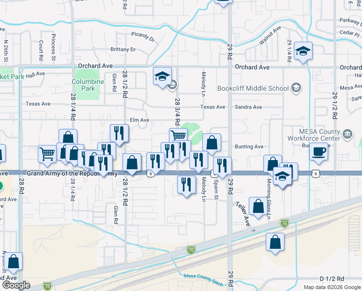 map of restaurants, bars, coffee shops, grocery stores, and more near 500-526 28 3/4 Rd in Grand Junction
