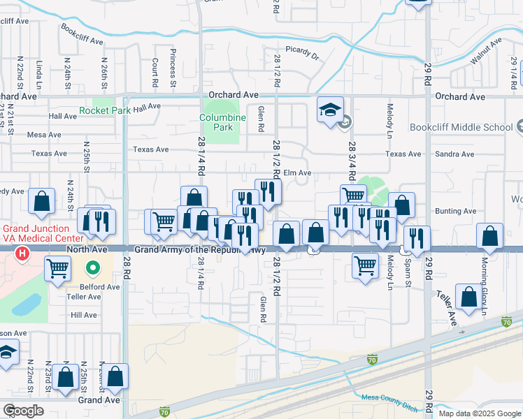 map of restaurants, bars, coffee shops, grocery stores, and more near 517 28 1/2 Road in Grand Junction