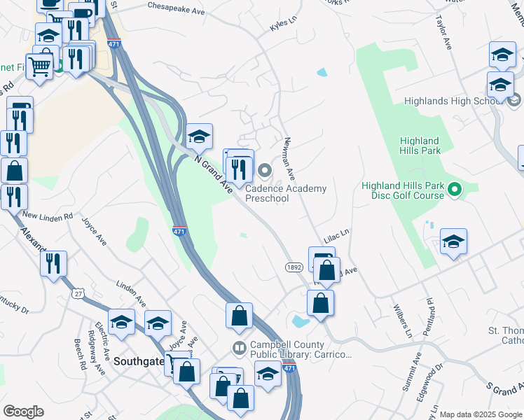 map of restaurants, bars, coffee shops, grocery stores, and more near 132 -A North Grand Avenue in Fort Thomas
