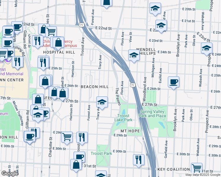 map of restaurants, bars, coffee shops, grocery stores, and more near 2534 West Paseo Boulevard in Kansas City