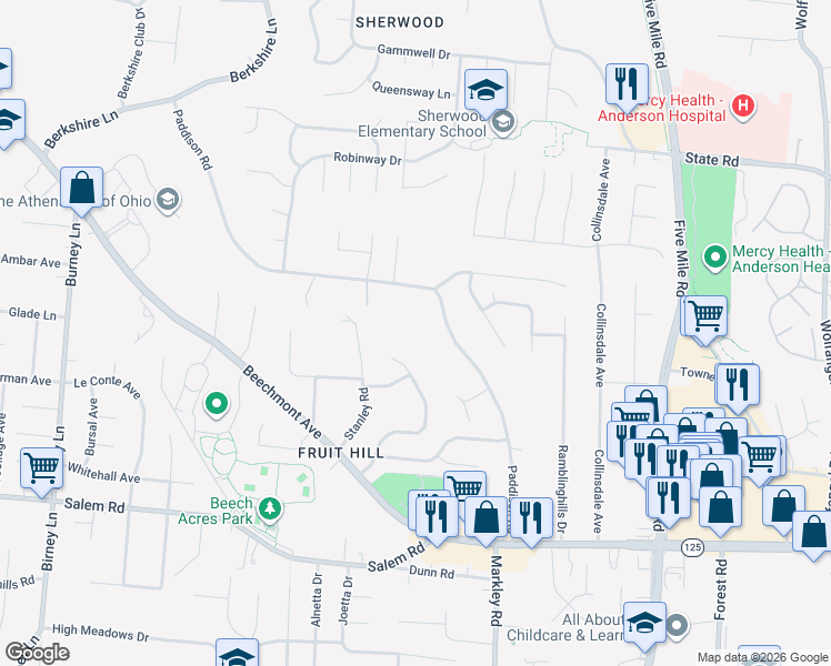 map of restaurants, bars, coffee shops, grocery stores, and more near 7057 Paddison Road in Cincinnati