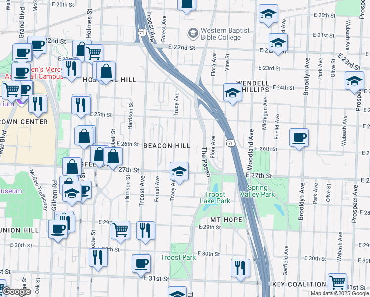 map of restaurants, bars, coffee shops, grocery stores, and more near 1310 East 26th Street in Kansas City
