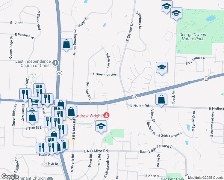 map of restaurants, bars, coffee shops, grocery stores, and more near 17844 East 23rd Street South in Independence