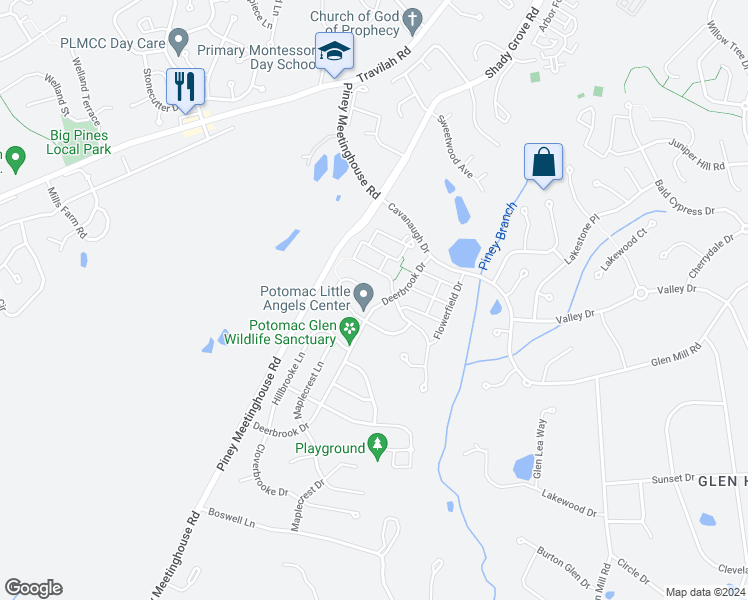 map of restaurants, bars, coffee shops, grocery stores, and more near 13504 Deerbrook Drive in Potomac