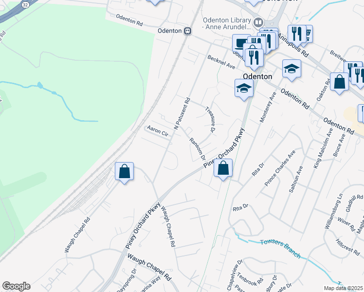 map of restaurants, bars, coffee shops, grocery stores, and more near 495 North Patuxent Road in Odenton