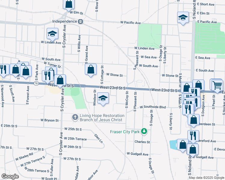 map of restaurants, bars, coffee shops, grocery stores, and more near 711 West 23rd Street South in Independence