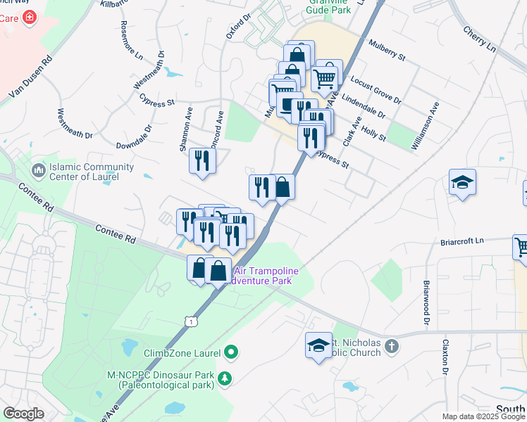 map of restaurants, bars, coffee shops, grocery stores, and more near 13718 Baltimore Avenue in Laurel