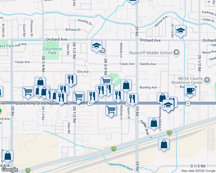 map of restaurants, bars, coffee shops, grocery stores, and more near 500-526 28 3/4 Rd in Grand Junction