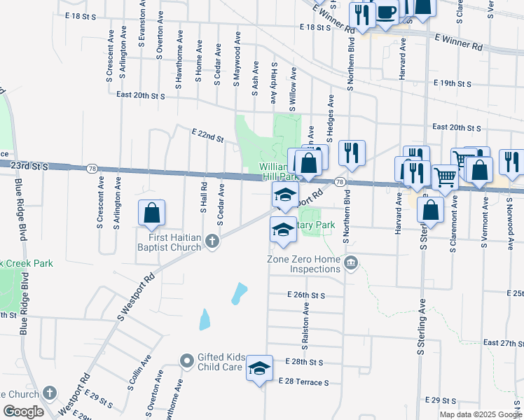 map of restaurants, bars, coffee shops, grocery stores, and more near 2330 South Hardy Avenue in Independence