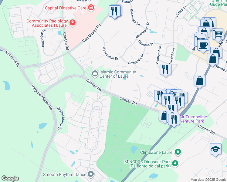 map of restaurants, bars, coffee shops, grocery stores, and more near 7502 Contee Road in Laurel