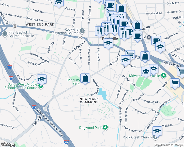 map of restaurants, bars, coffee shops, grocery stores, and more near 106 West Argyle Street in Rockville