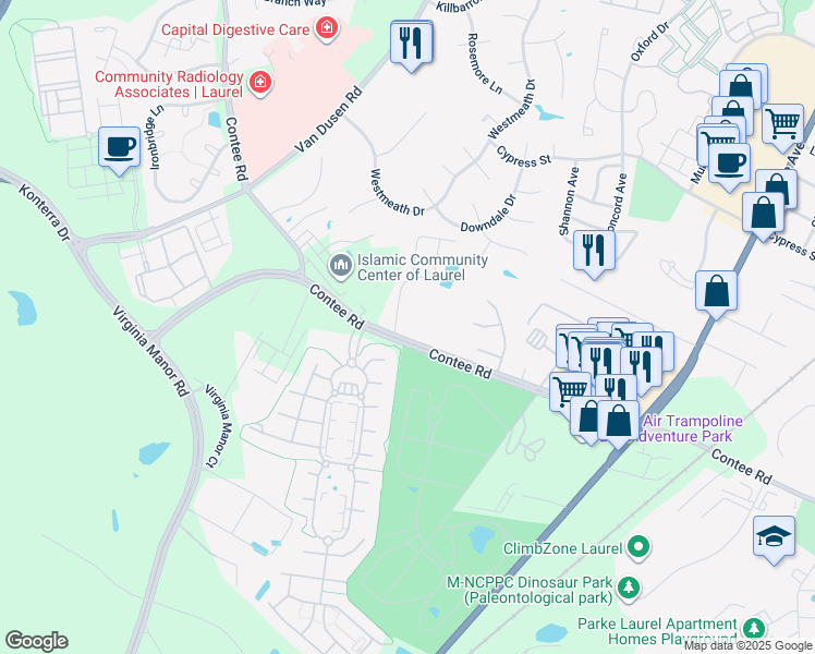 map of restaurants, bars, coffee shops, grocery stores, and more near 7502 Contee Road in Laurel