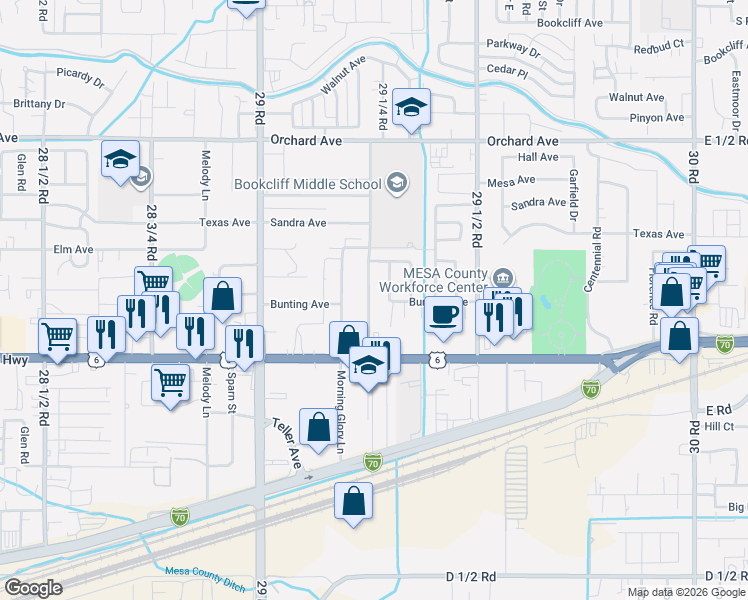 map of restaurants, bars, coffee shops, grocery stores, and more near 514 29 1/4 Road in Grand Junction